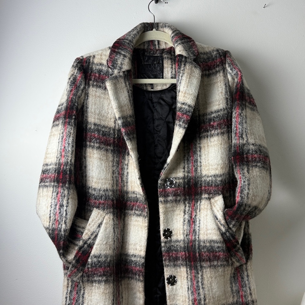 Buffalo David Bitton Plaid Pea Coat - Cream, Black, Red